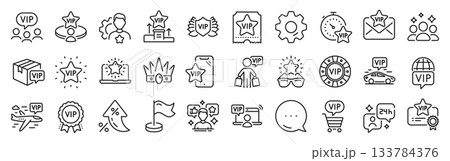 Vip line icons. Settings gear, Message, Inflation icons. Casino chips, very important person, delivery parcel. Certificate, player table, vip buyer icons. Vector 133784376