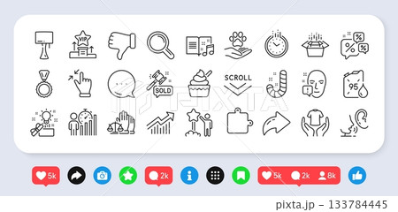 Research, Creative idea and Puzzle line icons pack. Social media: share, comment, like icons. Hold t-shirt, Pets care, Auction hammer web icon. Vector Research, Creative idea and Puzzle line icons pack. Social media: share, comment, like icons. Hold t-shirt, Pets care, Auction hammer web icon. Vector 133784445