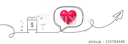 Mobile Shopping line icon. Continuous line with share plane. Smartphone Online buying sign. Dollar symbol. 3d heart in speech bubble. Smartphone payment single line ribbon. Loop curve pattern. Vector Mobile Shopping line icon. Continuous line with share plane. Smartphone Online buying sign. Dollar symbol. 3d heart in speech bubble. Smartphone payment single line ribbon. Loop curve pattern. Vector 133784446