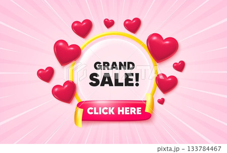 Grand sale sunburst ray banner. Click here flag ribbon. Grand sale tag. Special offer price sign. Advertising discounts symbol. 3d hearts glitter. Red ribbon tag. Discount offer. Vector 133784467