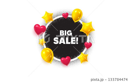 Big sale picture frame banner. Circle photo frame. Big Sale tag. Special offer price sign. Advertising Discounts symbol. 3d balloons as hearts, stars. Grain dots pattern. Vector 133784474