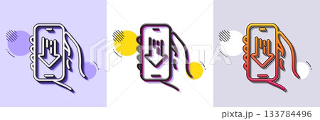 Download app line icon. Halftone dotted pattern. Gradient icon with grain shadow. Hand hold phone sign. Cellphone with screen notification symbol. Line download app icon. Various designs. Vector 133784496