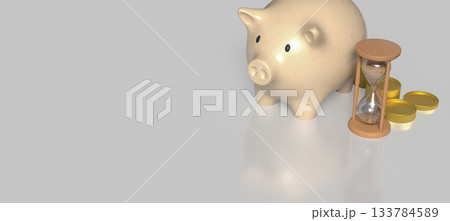 Piggy Bank with Hourglass and Gold Coins 3d render. 133784589