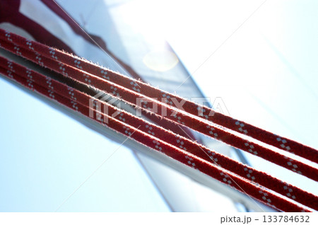 Red sailing ropes with white yacht sail in the background 133784632