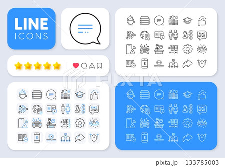 Restroom, Target and Coffee cup line icons for web app. Message, Share, Like social media icons. Pack of No sun, Online voting, Phone warning pictogram icons. Vector 133785003