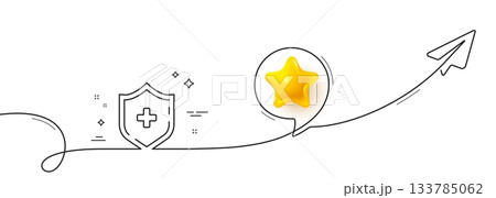 Medicine shield line icon. Continuous line with share plane. Medical protection sign. 3d star in speech bubble. Medical shield single line ribbon. Loop curve pattern. Vector 133785062