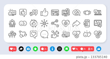 Social media line icons. Social media: share, comment, like icons. Set - Share network, Rating and Social links linear icons. Heart, Feedback smile emotion and internet media. Vector Social media line icons. Social media: share, comment, like icons. Set - Share network, Rating and Social links linear icons. Heart, Feedback smile emotion and internet media. Vector 133785140