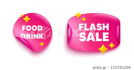 Food and Drink sticker tag. Flash offer paper price banner. Food and Drink tag. Kitchen food offer. Restaurant menu. Discount sticker with 3d glitter. Vector Food and Drink sticker tag. Flash offer paper price banner. Food and Drink tag. Kitchen food offer. Restaurant menu. Discount sticker with 3d glitter. Vector 133785209