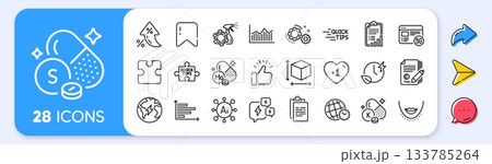 Vitamin k, Molybdenum mineral and Charging time line icons. Interest rate, AI generate, Inflation icons. Pack of Sulfur mineral, Electricity, Chin icon. Vector 133785264