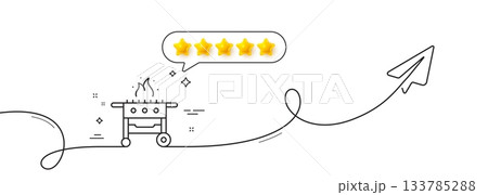 Gas grill line icon. Continuous line with share plane. Barbecue cooker for cooking food sign. Meat brazier symbol. Five star rate review in speech bubble. Gas grill single line ribbon. Vector 133785288