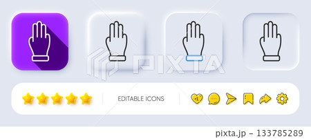 Three fingers hand line icon. Neumorphic, Flat shadow, 3d buttons. Click palm sign. Gesture symbol. Line three fingers icon. Social media icons. Vector 133785289