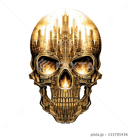 Wall Art Clipart Epic Golden Biker Skull with Ancient Ruins and Fire Explosions Background 133785436
