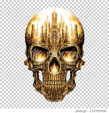 Wall Art Clipart Epic Golden Biker Skull with Ancient Ruins and Fire Explosions Background 133785436