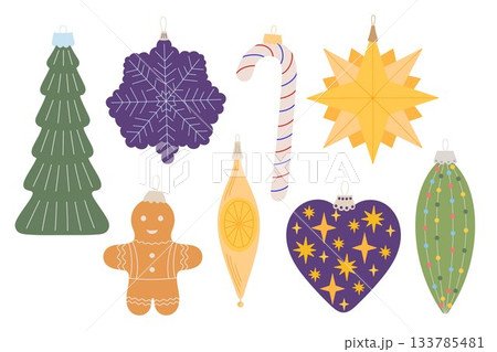 Christmas tree baubles set in different forms, festive decor simple hand drawn vector illustration for winter holidays seasonal colorful decor such as greeting card, invitation, sticker Christmas tree baubles set in different forms, festive decor simple hand drawn vector illustration for winter holidays seasonal colorful decor such as greeting card, invitation, sticker 133785481
