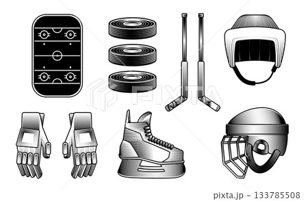 Ice hockey sport equipment vintage engraving illustration set rink pucks sticks helmets gloves and skates in black and white woodcut Ice hockey sport equipment vintage engraving illustration set rink pucks sticks helmets gloves and skates in black and white woodcut 133785508