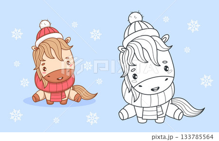 Cute winter Little Horse in Hat and Scarf. Funny cartoon kawaii animal set. Isolated Outline and Color drawing. Coloring Book. Vector illustration. Kids collection. Not AI Cute winter Little Horse in Hat and Scarf. Funny cartoon kawaii animal set. Isolated Outline and Color drawing. Coloring Book. Vector illustration. Kids collection. Not AI 133785564