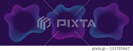 Sound equalizer icons with lines, gradient neon circular sound wave frames, abstract radial music icons. 133785667