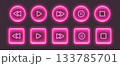 Neon media player buttons. Pink glowing glossy audio control icons. Interface elements 133785701