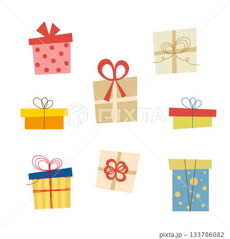 リボンやパッケージがかわいいギフトボックスのイラストセット 133786082