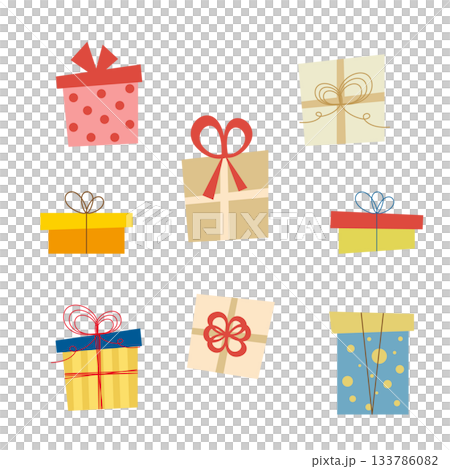 リボンやパッケージがかわいいギフトボックスのイラストセット 133786082
