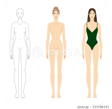 Set of Vector illustration of a 9 head woman in green and without swimsuit, displaying front view. Perfect for fashion Set of Vector illustration of a 9 head woman in green and without swimsuit, displaying front view. Perfect for fashion 133786141