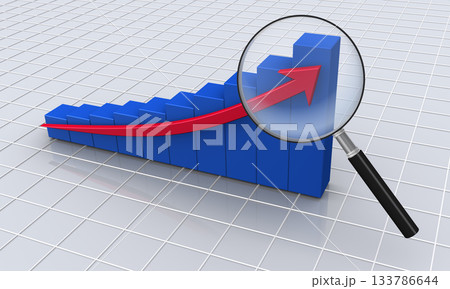 上昇する3Dの矢印と棒グラフを虫メガネで見る 133786644