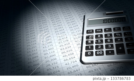 スポットライトに照らされた電卓と数字の書類、事務や経理の計算イメージ 133786783
