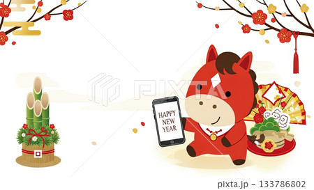 お正月の馬イラストとスマホをテーマにした新年年賀状背景 133786802