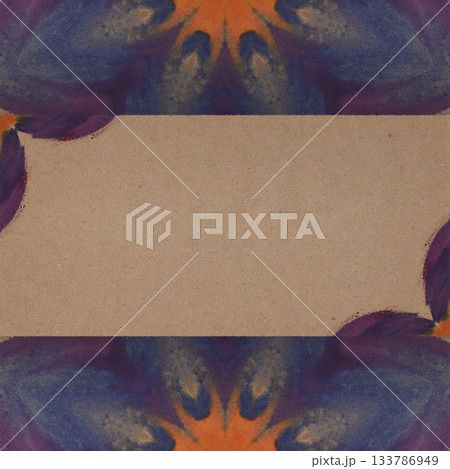 Decorative watercolor border with blue, purple and orange abstract floral shapes framing a blank kraft paper space, creating a textured background for creative layouts and artistic design projects. Decorative watercolor border with blue, purple and orange abstract floral shapes framing a blank kraft paper space, creating a textured background for creative layouts and artistic design projects. 133786949