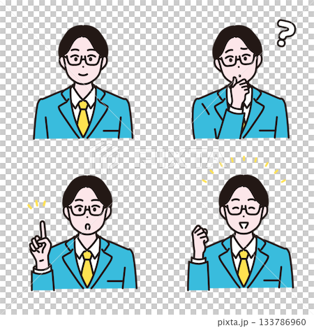 Business man illustration set: Question, pointing, cheering Business man illustration set: Question, pointing, cheering 133786960