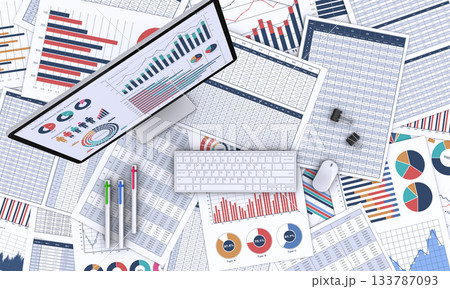 ビジネス書類とデータを表示したデスクトップパソコン ビジネス書類とデータを表示したデスクトップパソコン 133787093