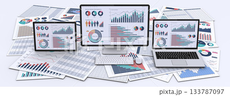 ビジネス資料とデータを表示したパソコン 133787097
