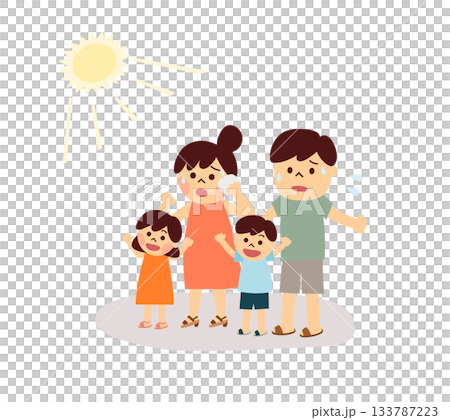 夏を楽しむ子どもと暑そうな夫婦 133787223