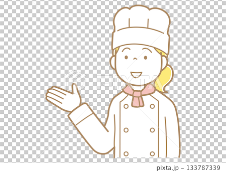 Illustration of a woman in a chef's coat and toque showing with her hand Illustration of a woman in a chef's coat and toque showing with her hand 133787339