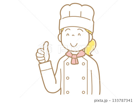 指差すコックコートにコック帽の女性のイラスト	 133787341