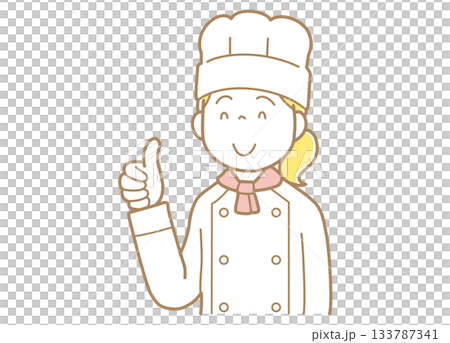 一位身穿廚師服、頭戴廚師帽的女士正在指著什麼？ 133787341