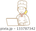 パソコンの画面を見るコックコートにコック帽の女性のイラスト	 133787342