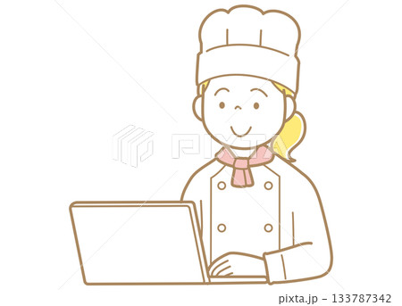 パソコンの画面を見るコックコートにコック帽の女性のイラスト パソコンの画面を見るコックコートにコック帽の女性のイラスト 133787342