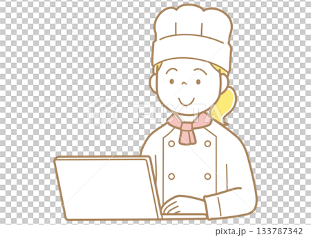 パソコンの画面を見るコックコートにコック帽の女性のイラスト パソコンの画面を見るコックコートにコック帽の女性のイラスト 133787342