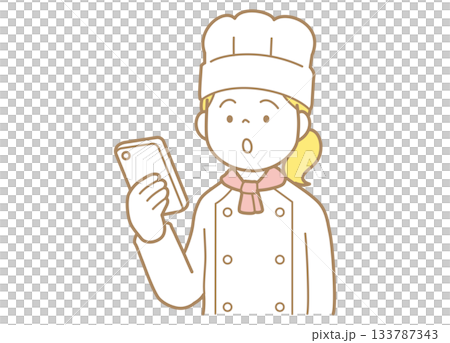 スマートフォンの画面を見るコックコートにコック帽の女性のイラスト	 133787343