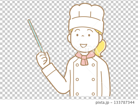 Illustration of a woman in a chef's coat and hat pointing with a pointer Illustration of a woman in a chef's coat and hat pointing with a pointer 133787344