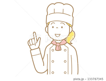 指差すコックコートにコック帽の女性のイラスト 133787345