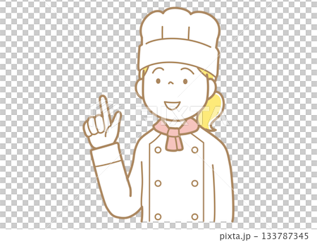 一位身穿廚師服、頭戴廚師帽的女士正在指著什麼？ 133787345