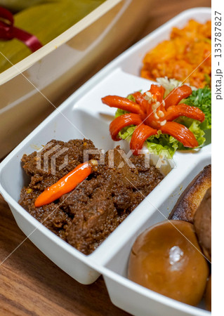 Close-Up of Indonesian Beef Rendang in Meal Box 133787827