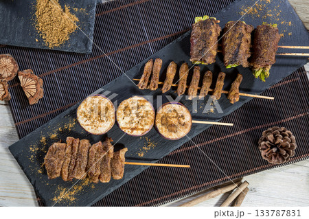 grilled pork shish kebabs on skewers grilled pork shish kebabs on skewers 133787831