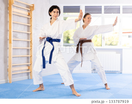 Women in kimono trying martial moves at karate class Women in kimono trying martial moves at karate class 133787919