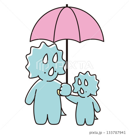 傘をさして見つめあうトリケラトプスの親子のイラスト 133787941