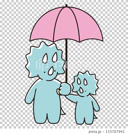 一幅插圖，描繪了一對三角龍父母撐著傘互相凝視的場景。 133787941