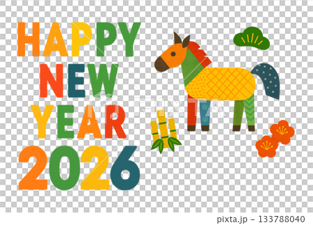 一張色彩鮮豔、充滿活力的2026年新年賀卡，上面寫著“新年快樂”，還有駿馬、松樹、竹子和梅花圖案。 133788040