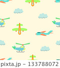 Seamless print of cute childish aviation, nursery wallpaper with doodle kid airplane helicopter transportation. Cartoon vector texture of sky air pattern illustration 133788072